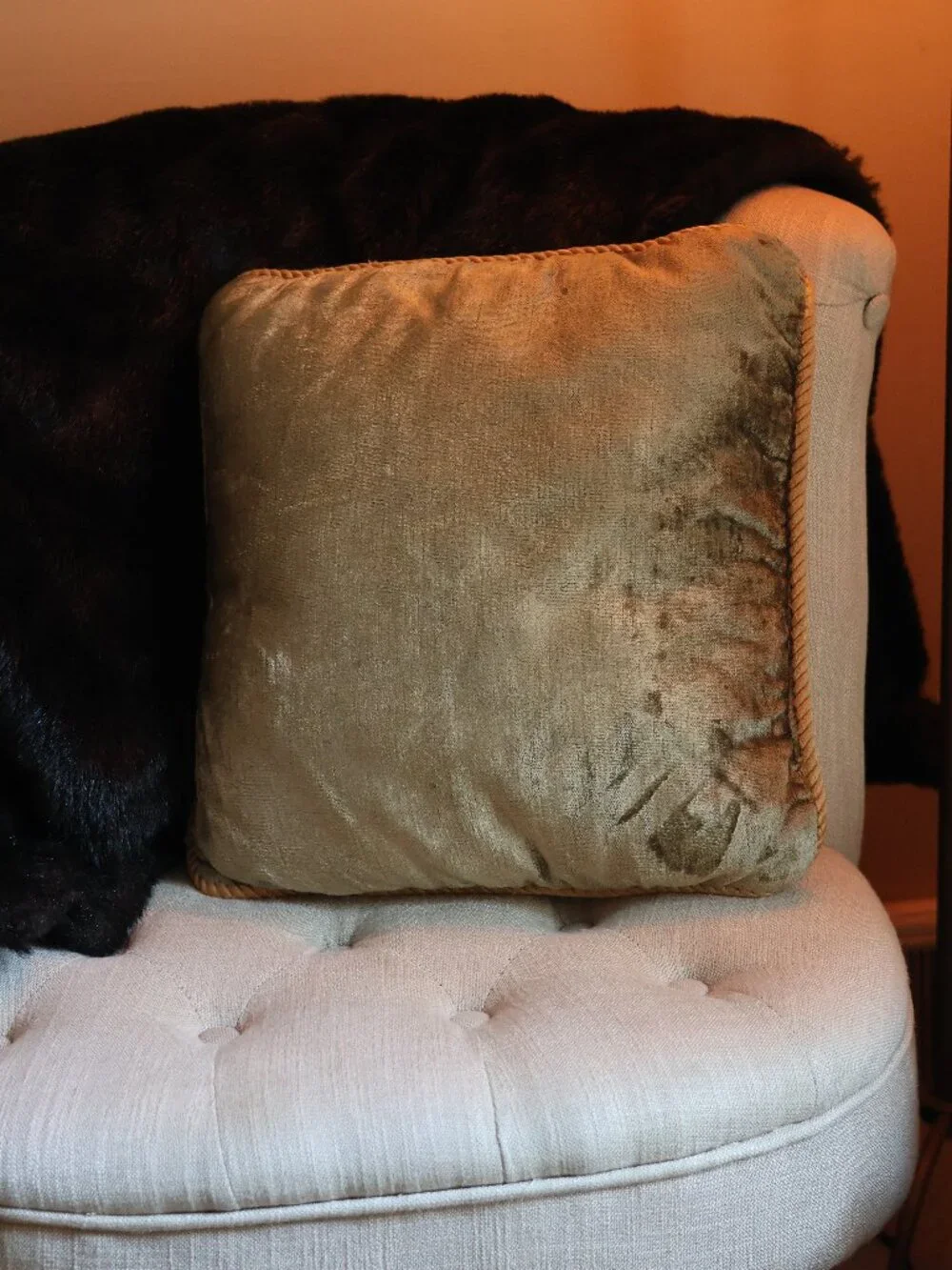 Vintage Olive Gold Velvet Accent Pillow with Twisted Cord Trim